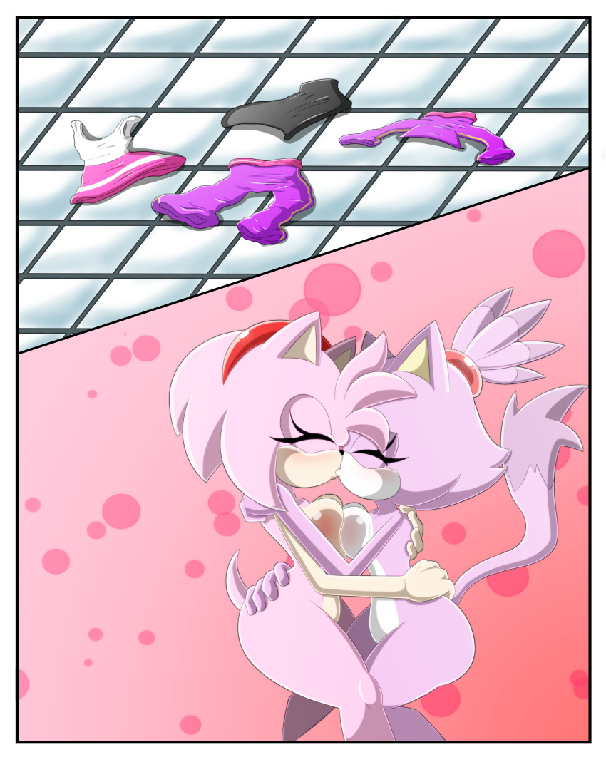 1girl amy_rose anthro blaze_the_cat blush breast_squish breasts cat closed_eyes clothing comic dialogue duo english_text feline female/female fur furry hair hedgehog kissing mammal nipples nude pink_fur pink_hair purple_fur sandunky sega text