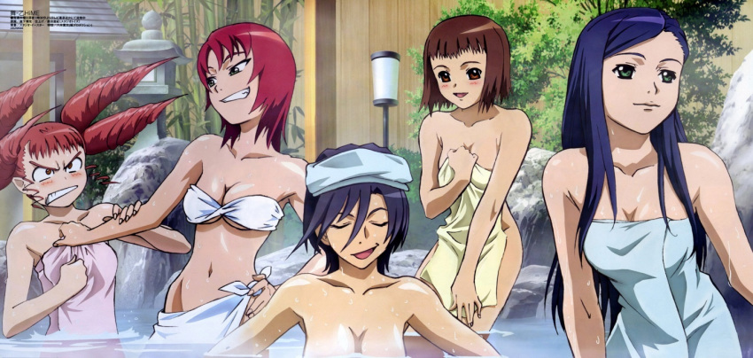 5girls :d anime babe bath big_breasts blue_hair blush breasts character_request cleavage closed_eyes green_eyes hair highres long_hair multiple_girls my-otome naked_towel natsuki_kruger naughty_face official_art onsen open_mouth partially_submerged short_hair smile submerged towel upper_body water yuri