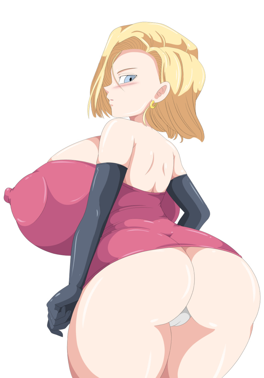 android_18 ass big_ass breasts cameltoe dragon_ball dragon_ball_z erect_nipples female huge_breasts looking_at_viewer looking_back milf nipples solo toshiso_(artist)