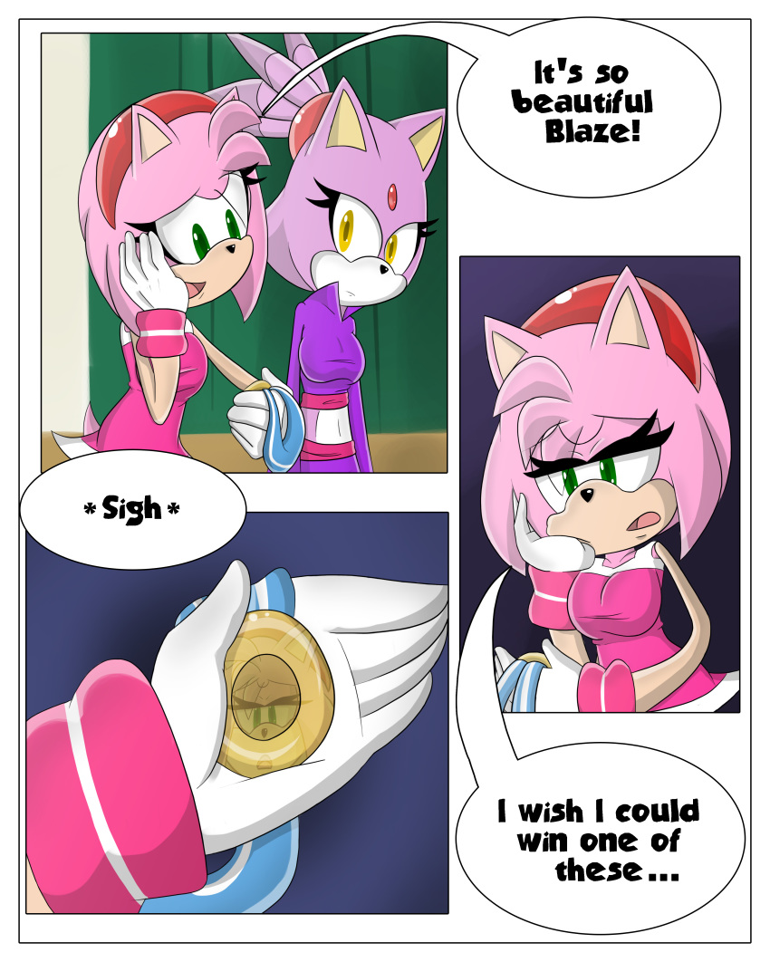 1girl amy_rose anthro blaze_the_cat breasts clothed clothing comic dialogue duo english_text feline fur furry gloves gold_medal green_eyes hair headband hedgehog mammal midriff navel open_mouth pink_fur pink_hair purple_fur sandunky sega text video_games yellow_eyes