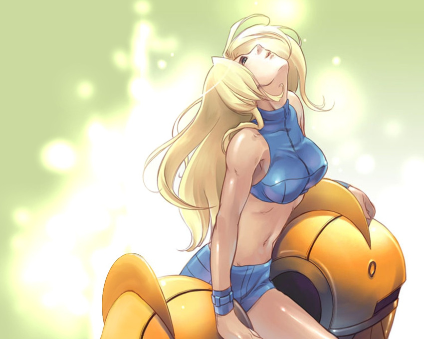 1girl :d arm_support armor art artist_request babe bare_shoulders big_breasts blonde_hair blue_eyes bracelet breasts cowboy_shot crop_top glowing green_background halterneck head_back jewelry light_particles long_hair looking_up metroid metroid_fusion midriff navel nintendo official_art open_mouth power_suit profile samus_aran short_shorts shorts sleeveless smile turtleneck undressing varia_suit very_long_hair wallpaper wristband