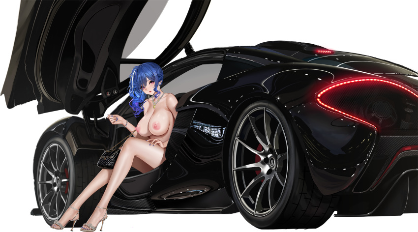 1girl 1girl azur_lane bag bangs bare_shoulders blue_hair blue_nails bracelet breasts building car cleavage earrings grey_footwear ground_vehicle hand_on_own_thigh handbag high_heels high_resolution huge_breasts jewelry legs mclaren_p1 motor_vehicle necklace night night_sky nipples nude_filter shoes sidelocks sitting sky skyscraper st._louis_(azur_lane) st._louis_(luxurious_wheels)_(azur_lane) swept_bangs third-party_edit uleuleuleu uncensored updo vehicle