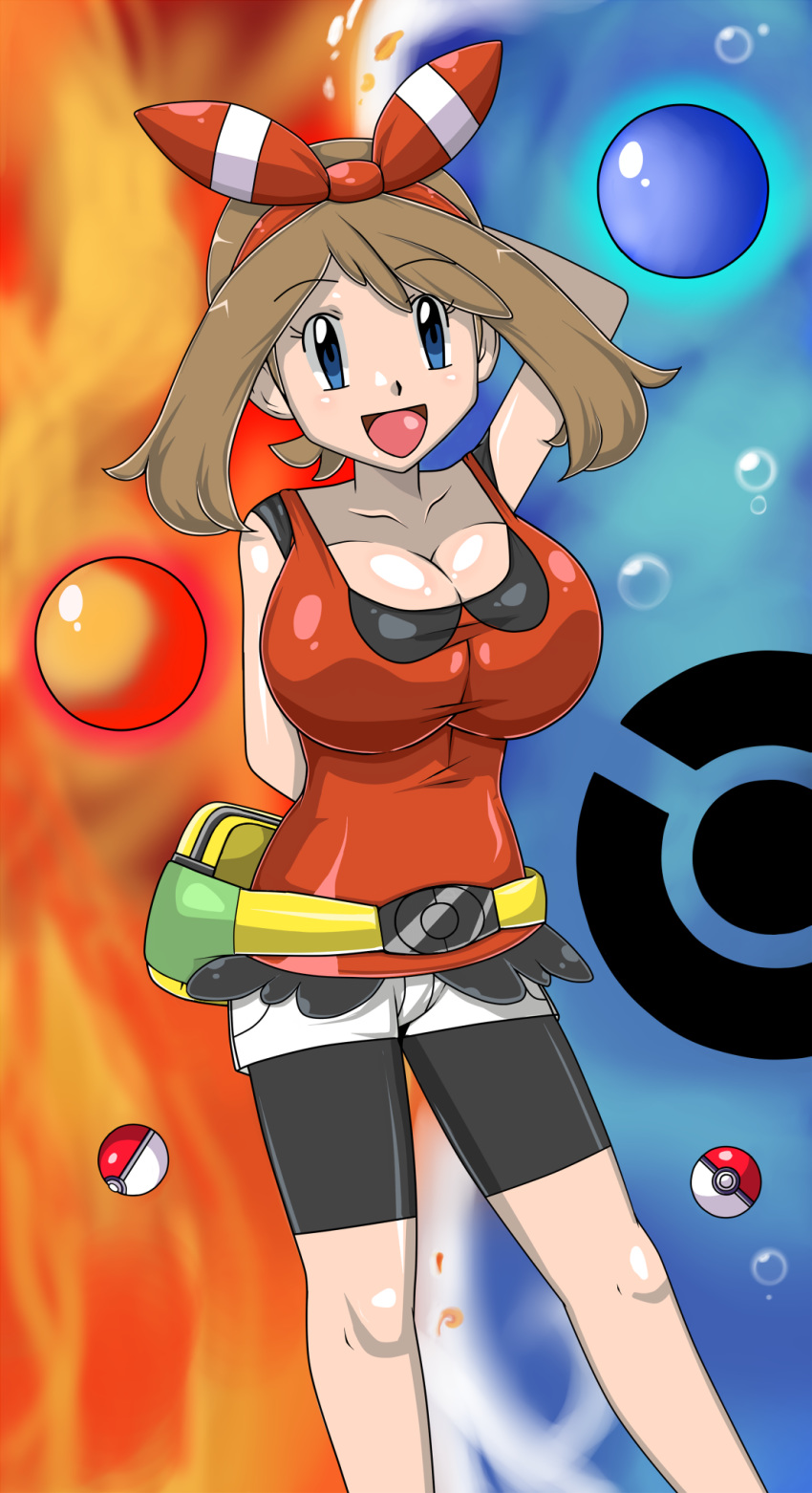 bandanna big_breasts bike_shorts blue_eyes breasts brown_hair cellshadfan cellshadfan_(artist) cleavage creatures_(company) game_freak haruka_(pokemon) humans_of_pokemon may_(pokemon) nintendo poke_ball pokemon pokemon_(anime) pokemon_(game) pokemon_diamond_pearl_&_platinum pokemon_dppt pokemon_oras short_hair