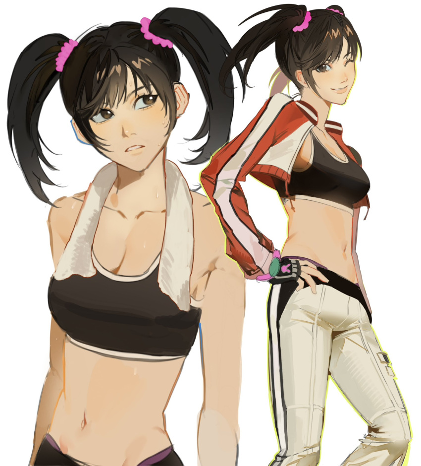 1girl ;) alluring bare_shoulders black_gloves black_hair black_sports_bra breasts brown_eyes cleavage collarbone crop_top cropped_jacket fingerless_gloves gloves groin hair_ornament hair_scrunchie hand_on_own_hip high_res jacket jxarchived ling_xiaoyu long_sleeves looking_to_the_side medium_breasts medium_hair midriff multiple_views namco navel one_eye_closed open_clothes open_jacket pants parted_lips pink_scrunchie red_jacket scrunchie simple_background smile sports_bra sportswear standing stomach sweat tekken tekken_3 tekken_4 tekken_5_dark_resurrection tekken_6_bloodline_rebellion tekken_7 tekken_8 tekken_blood_vengeance tekken_bloodline tekken_tag_tournament tekken_tag_tournament_2 towel towel_around_neck track_jacket track_pants twin_tails white_background white_pants