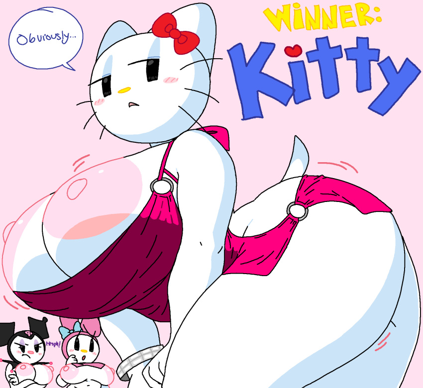 3girls annoyed annoyed_expression anthro ass big_ass big_breasts black_eyes blush blush_stickers bouncing_breasts bow bracelet breast_envy breasts bunny_ears bunny_girl cassettedream cat_girl clothing dream-cassette dress english_text felid feline female female_only frown furry furry_female hair_bow headwear hello_kitty hello_kitty_(character) hello_kitty_(series) hoshime huge_breasts jester_hat jewelry kitty_white kuromi lagomorph large_areolae large_breasts looking_at_viewer multiple_girls my_melody nipples o-ring onegai_my_melody open_mouth pink_dress red_bow sanrio short_dress solo solo_female solo_focus tail text thick_thighs thighs whiskers white_fur