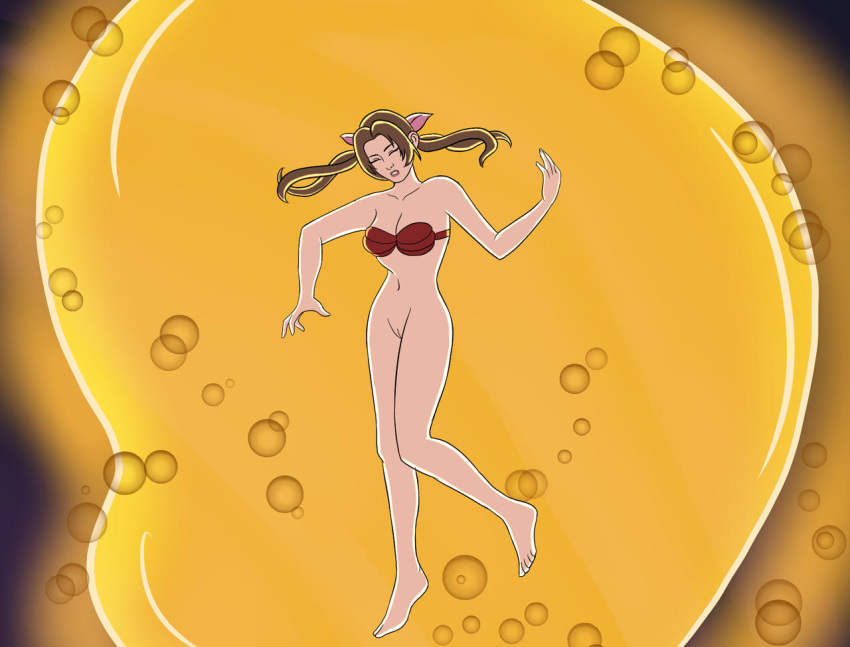 1girl aerith_gainsborough barefoot bottomless bra breasts cleavage disney feet female final_fantasy final_fantasy_vii hockeyman975 navel parody pussy solo square_enix tagme the_little_mermaid underwater