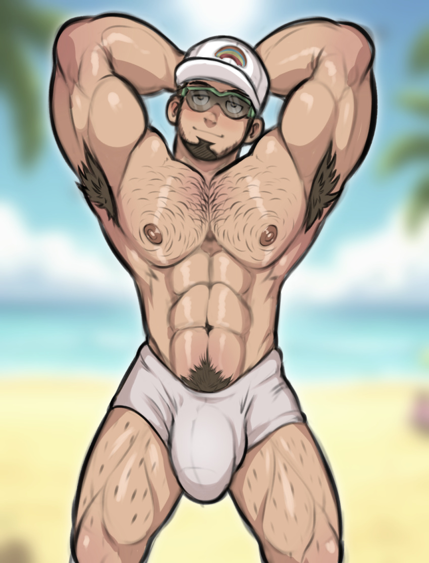 1boy 2025 abs armpit_hair arms_behind_head beach blurry_background body_hair bulge drawfag drawthread_request facial hairy hairy_male human male male_focus nintendo outside pinup pokemon pokemon_sm pokemon_sun_&_moon professor_kukui smile solo_human solo_male swimsuit yaoi