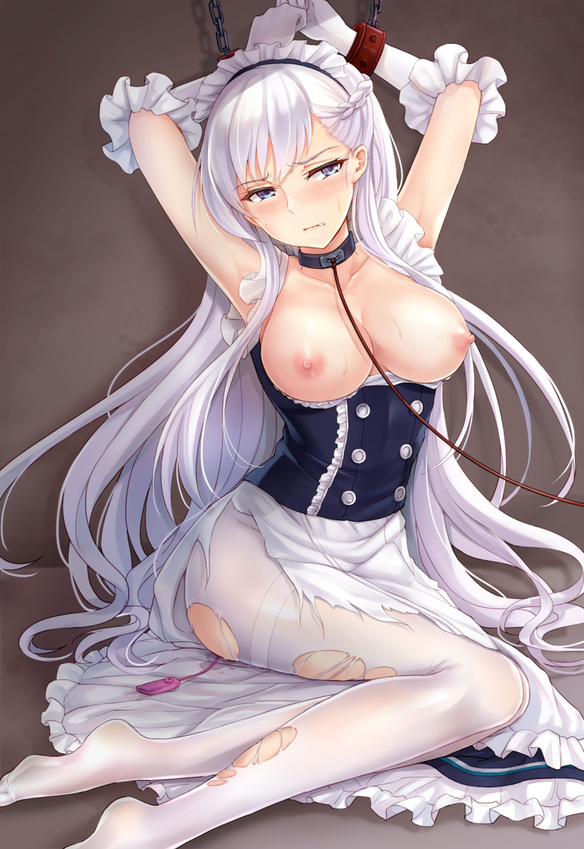 azur_lane bdsm belfast_(azur_lane) bondage breasts high_resolution maid nipples no_bra open_clothes open_shirt pantyhose see-through sex_toy skirt skirt_lift torn_clothes vaginal_juices vibrator yuemanhuaikong