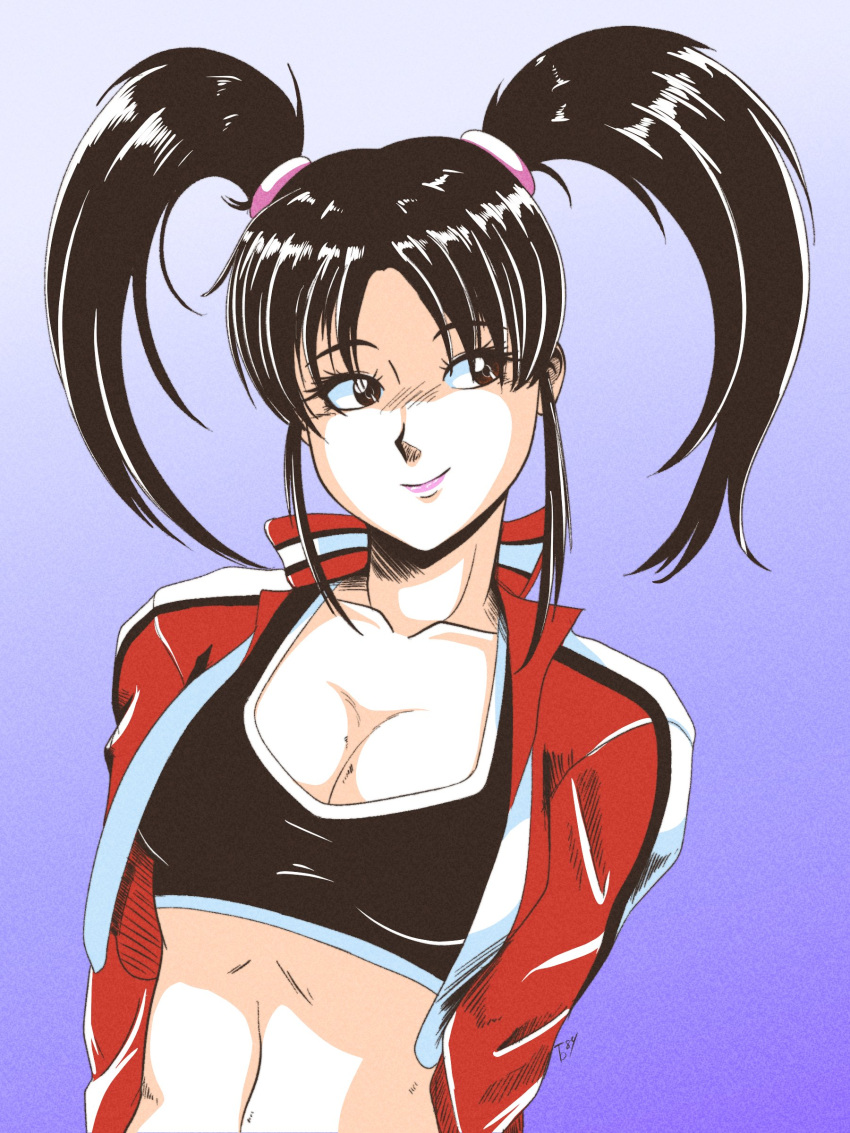 1girl 1girl absurd_res alluring black_eyes blue_background cleavage cowboy_shot cropped_jacket high_res jacket ling_xiaoyu long_sleeves medium_breasts midriff namco navel open_clothes open_jacket red_jacket side_ponytail smile stomach tedbob84 tekken tekken_3 tekken_4 tekken_5_dark_resurrection tekken_6_bloodline_rebellion tekken_7 tekken_8 tekken_blood_vengeance tekken_bloodline tekken_tag_tournament tekken_tag_tournament_2