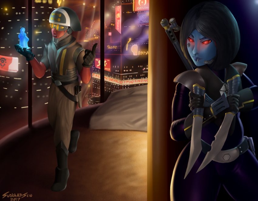 1boy 1girl black_hair blue_skin dagger glowing_eyes original red_eyes red_skin standing sudkampsin
