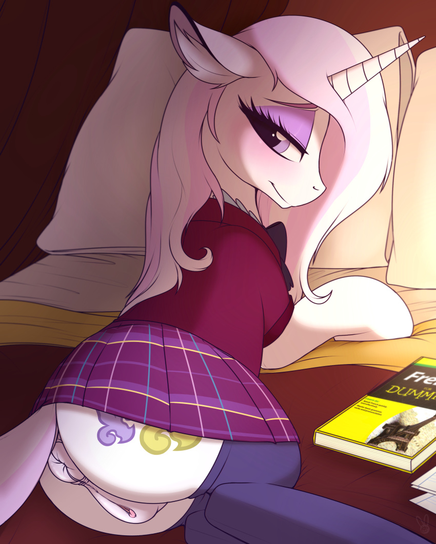 1girl anus bed clothed cutie_mark female female_unicorn fleur_de_lis fleur_de_lis_(mlp) friendship_is_magic horn looking_at_viewer meggchan my_little_pony no_underwear pony pussy school_uniform skirt stockings tail unicorn