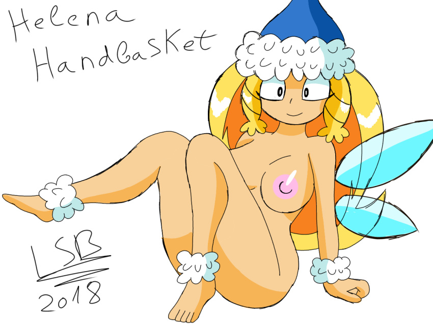 1girl 2018 :) character_name helena_handbasket_(rayman) looking_at_viewer lsb lsb_(artist) nude nymph_(rayman) rayman rayman_(series) rayman_origins signature sitting smile ubisoft