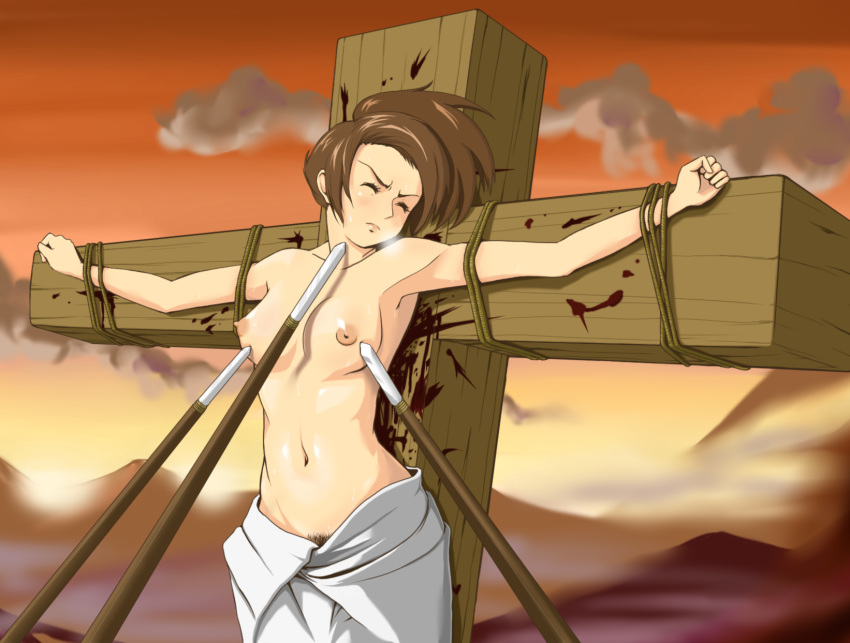 1girl bdsm blood bondage bound breasts breasts_apart brown_hair closed_eyes cross crucifixion fuu hair highres hyper_heiki nipples polearm pubic_hair rope samurai_champloo solo spear taono_kinoko tied_up topless wallpaper weapon