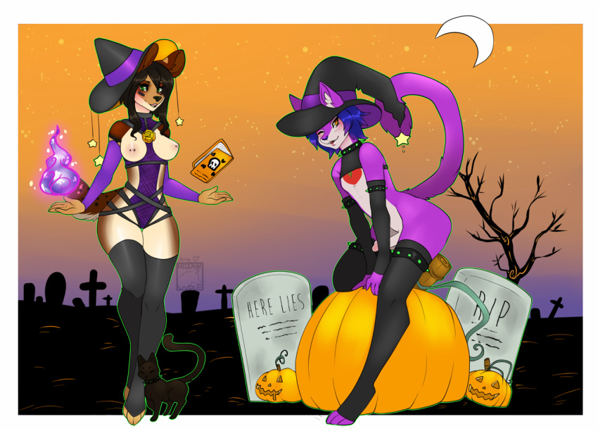 1girl anthro breasts cervine clothed clothing deer duo erection feline fishnet furry girly halloween hiddenwolf holidays humanoid_penis looking_at_viewer male mammal nipple_piercing nipples penis piercing skimpy smile wide_hips