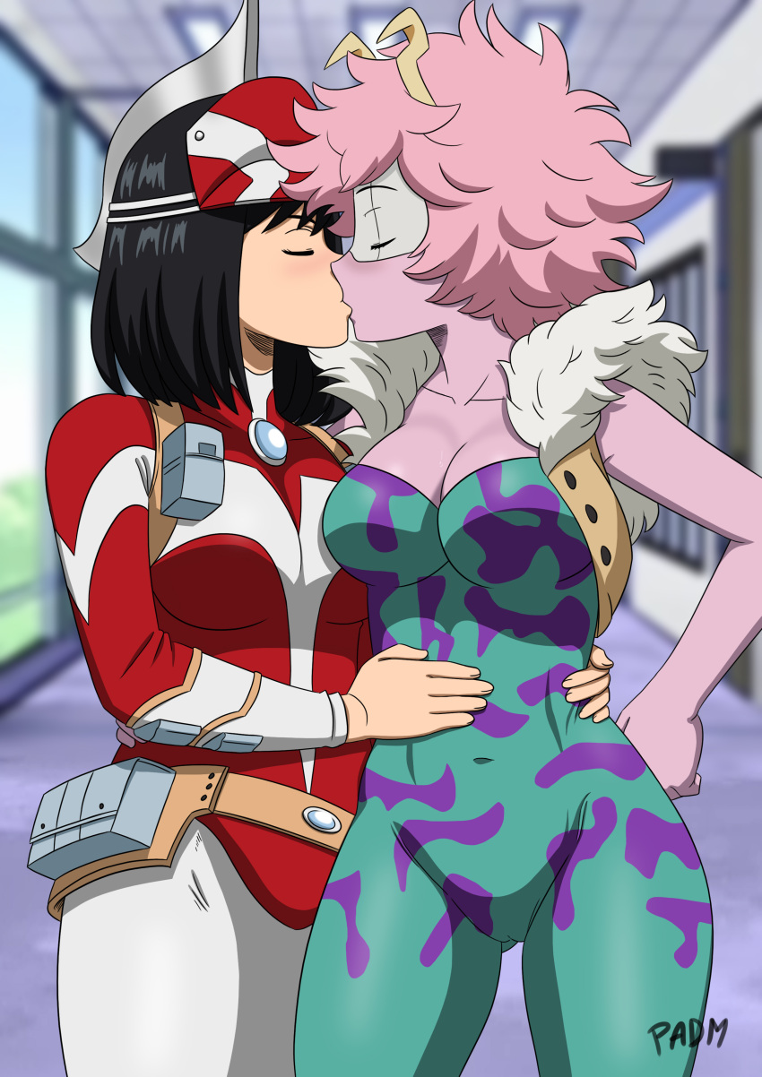 2_girls ashido_mina baseball_cap big_breasts black_hair bluah bodysuit cleavage closed_eyes collarbone couple duo hat horns hugging hugging indoors kissing kodai_yui love mask medium_breasts mina_ashido multiple_girls mutual_yuri my_hero_academia neck padm pink_hair pink_skin short_hair skin_tight standing yui_kodai yuri