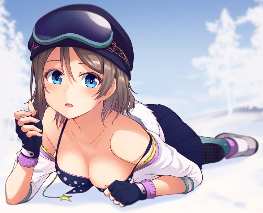 1girl bikini blue_eyes blush breasts brown_hair cleavage fingerless_gloves gloves goggles goggles_on_head looking_at_viewer love_live! love_live!_school_idol_festival love_live!_sunshine!! lying nanotsuki on_stomach polka_dot polka_dot_bikini short_hair solo strap_slip swimsuit twitter watanabe_you winter_clothes