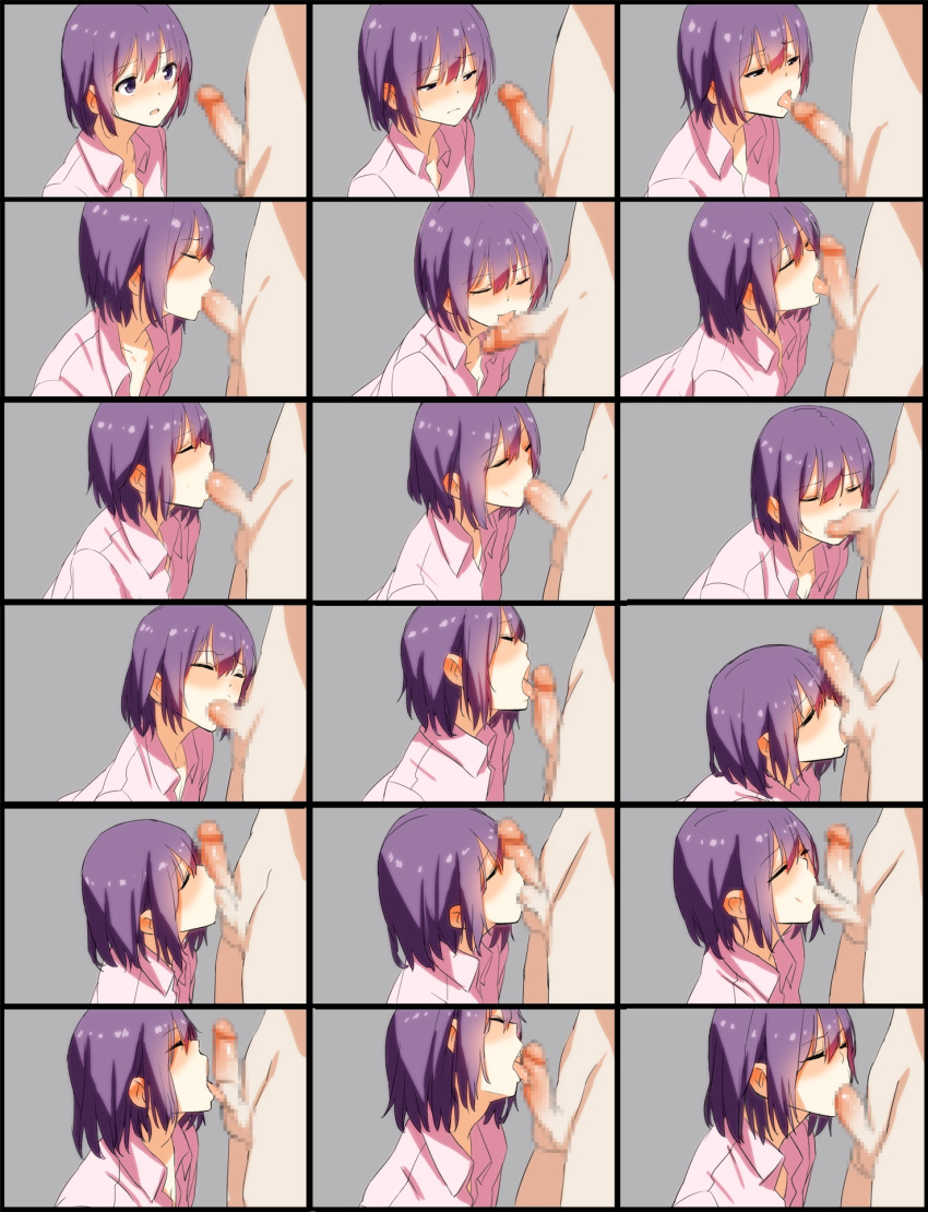 1girl ball_sucking black_eyes blush censored closed_eyes fellatio hetero highres lick licking licking_penis oral original penis purple_hair saitou_masatsugu shirt short_hair sucking_testicles tongue