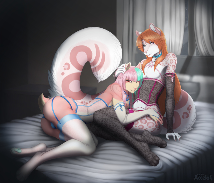 2017 accelo accelo_(character) anthro bell clothed clothing collar colored_nails corset crossdressing duo elbow_gloves feline fur furry gloves hair heterochromia hideaki_(character) legwear leopard lingerie long_tail mammal orange_hair panties pink_fur red_eyes snow_leopard stockings thong underwear