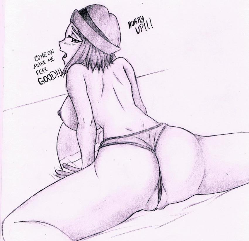 1_girl 1girl ass bed bed_sheet big_ass big_breasts breasts hyokagami looking_back monochrome panties pokemon pokemon_(anime) pokemon_xy serena serena_(pokemon) short_hair topless twitter