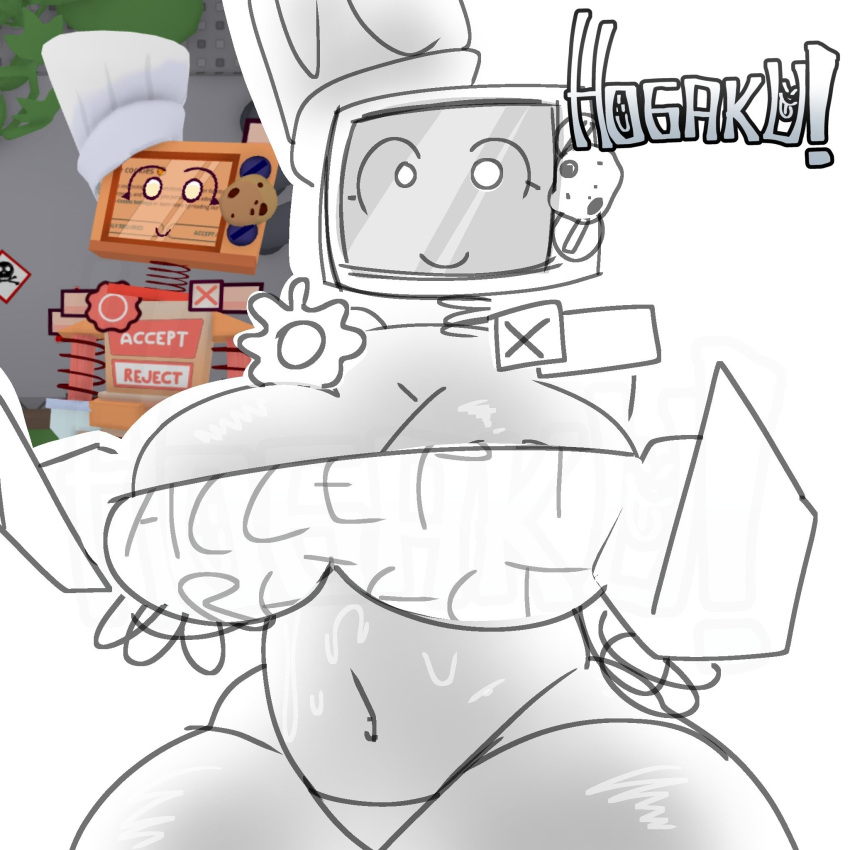 1:1 1girl 2025 baker barely_clothed big_breasts breasts chef_hat cleavage coils cookie cookieware curvy die_of_death glistening_body high_res hogaku huge_thighs machine mittens monochrome navel oven reference_image roblox roblox_game robot robot_girl robot_humanoid screen_face sketch smile sweat sweaty thick_thighs thighs thong tight_clothing wide_hips