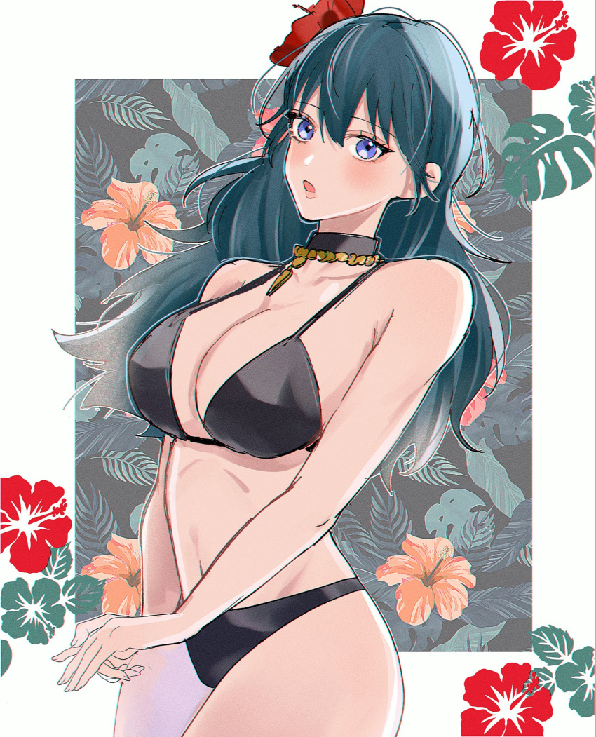 1girl __tani___ alluring bare_shoulders big_breasts bikini black_bikini blue_eyes blush byleth_(fire_emblem) byleth_(fire_emblem)_(female) choker cleavage fire_emblem fire_emblem:_three_houses fire_emblem_heroes flower hair_flower hair_ornament hibiscus high_res long_hair navel nintendo official_alternate_costume open_mouth red_flower stomach swimsuit tani11a teal_hair