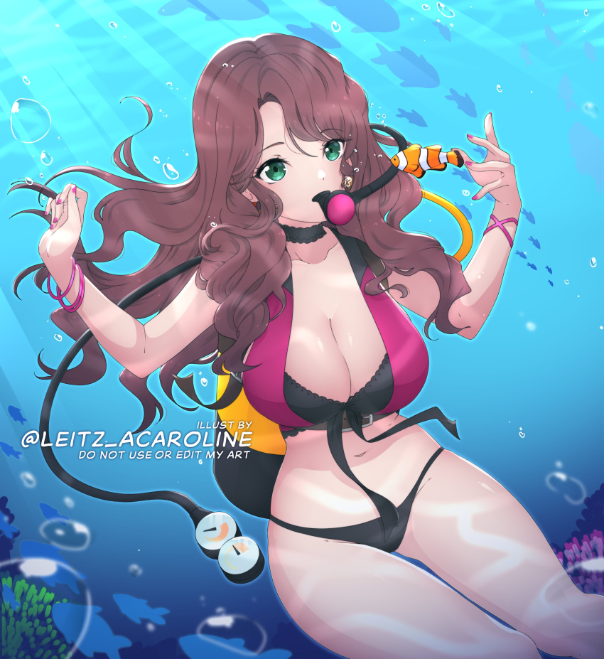 1girl absurd_res alluring big_breasts bikini black_bikini brown_hair cleavage clownfish commission dorothea_arnault dorothea_arnault_(summer) fire_emblem fire_emblem:_three_houses fire_emblem_heroes fish gluteal_fold green_eyes high_res intelligent_systems leitz_acaroline long_hair looking_at_viewer navel nintendo official_alternate_costume purple_bikini scuba_tank sideboob stomach swimsuit thighs underwater