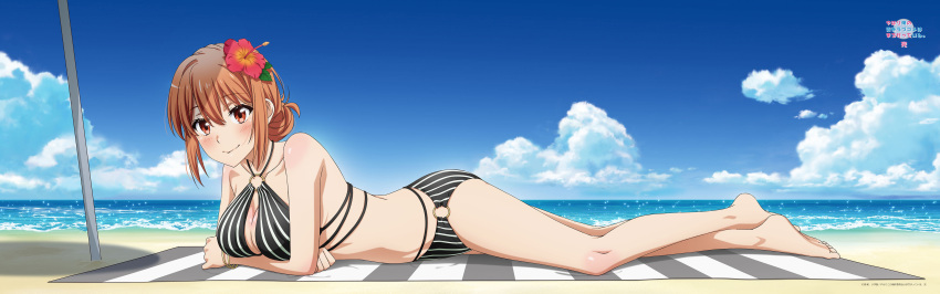 1girl 1girl absurd_res alluring arm_under_breasts ass bare_arms bare_legs barefoot beach beach_towel beach_umbrella bikini black_bikini blue_sky blush breast_press cleavage closed_mouth cloud dakimakura_(medium) day flower full_body hair_flower hair_ornament hibiscus high_res horizon looking_at_viewer lying mature_female milf o-ring o-ring_bikini ocean official_art on_stomach orange_hair outside red_eyes red_flower sidelocks sky smile striped_bikini striped_clothes swimsuit towel umbrella vertical-striped_bikini vertical-striped_clothes yahari_ore_no_seishun_lovecome_wa_machigatteiru. yuigahama_yui's_mother