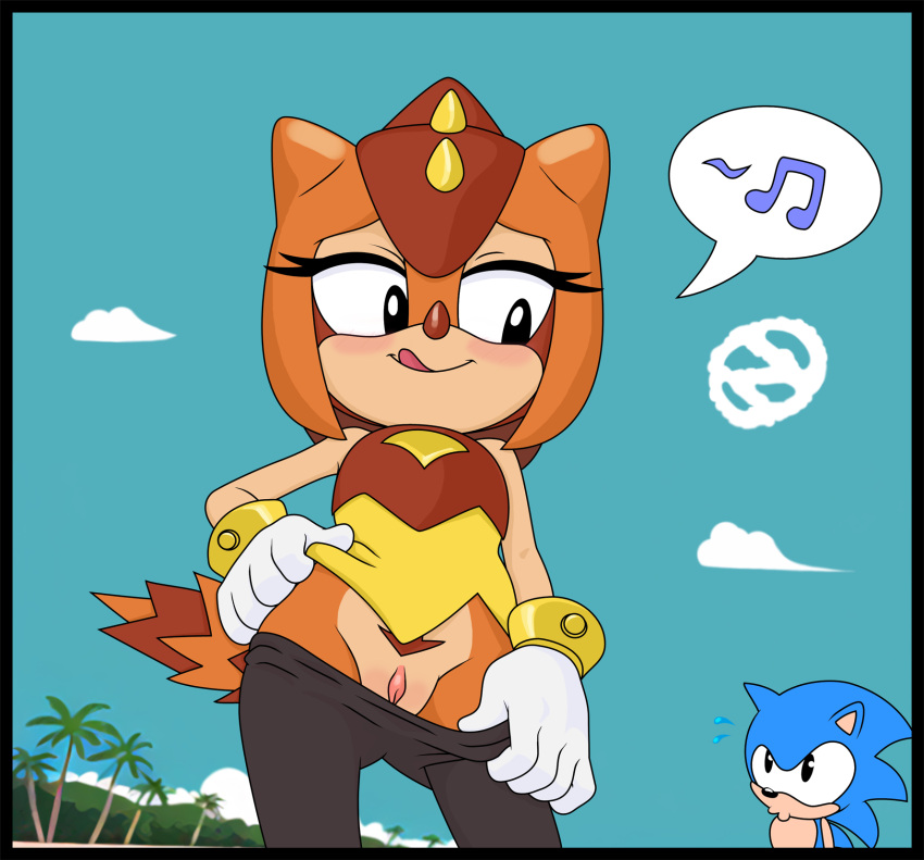 1boy 1girl 2025 anthro beach black_eyes black_pants blue_body blush bracelets clothed clothing eulipotyphlan exposed_pussy female_focus girdled_lizard gloves head_spikes hedgehog high_res licking_lips licking_own_lips lizard looking_at_another looking_back mammal musical_note musical_symbol no_underwear orange_body outside pants_down presenting_pussy pubes pubic_hair pussy reptile scalie sega smile sonic_the_hedgehog sonic_the_hedgehog_(series) spikes_(anatomy) sungazer_(lizard) tongue tongue_out trip_the_sungazer wanting_sex zeta_r-02