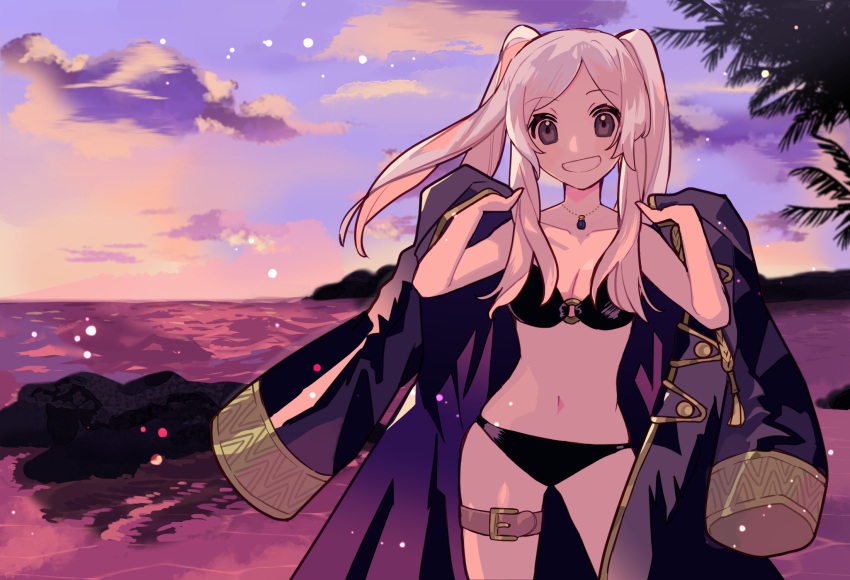 1girl alluring beach bikini black_bikini coat coat_on_shoulders fire_emblem fire_emblem_awakening fire_emblem_heroes fire_emblem_warriors grey_eyes high_res intelligent_systems jewelry kurimori long_hair navel nintendo o-ring o-ring_bikini ocean official_alternate_costume outside palm_tree pendant robin_(female)_(summer)_(fire_emblem) robin_(fire_emblem) robin_(fire_emblem)_(female) swimsuit thigh_strap tree twilight twin_tails white_hair