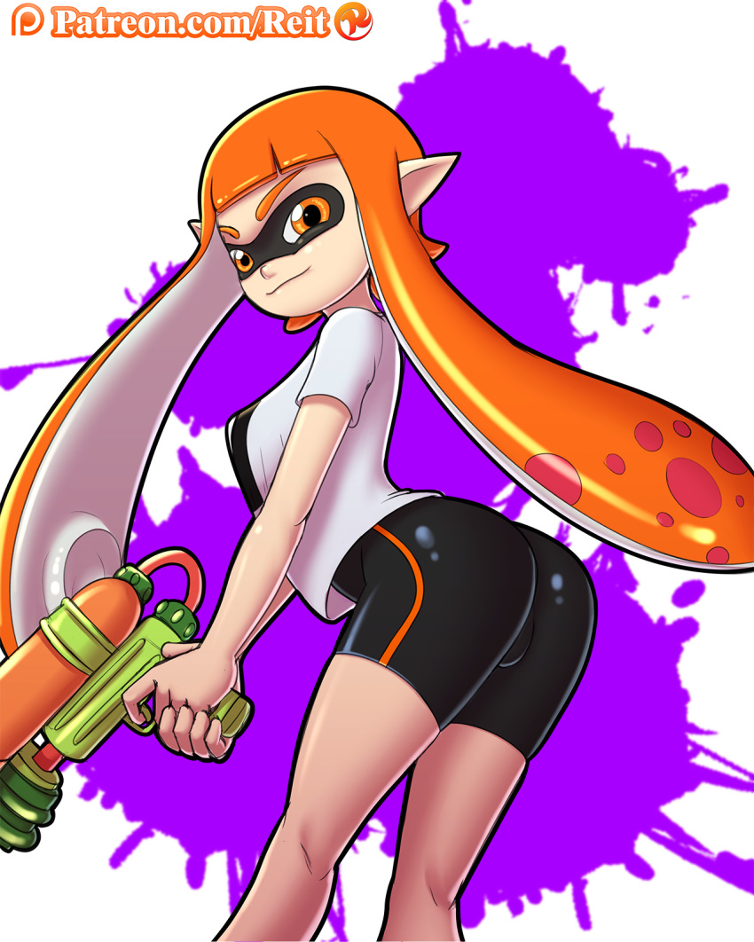 ass big_ass big_breasts breasts gun ink inkling looking_at_viewer orange_eyes orange_hair reit splatoon weapon