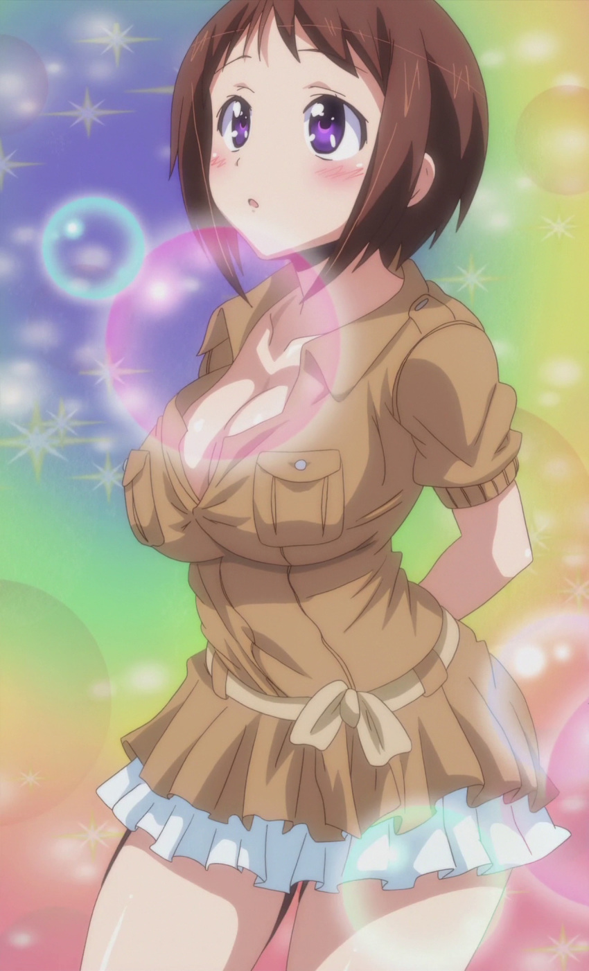 1girl big_breasts blush breasts brown_hair cute okusama_ga_seitokaichou! purple_eyes short_hair ui_wakana