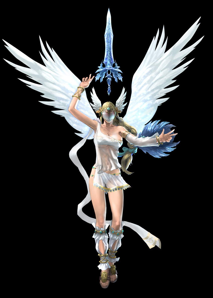 1girl alluring anklet armband ashleyblaze_(editor) bandeau belly_chain big_breasts black_background edit elysium elysium_(soul_calibur) gold_jewelry high_res jewelry mask mostly_nude navel panties project_soul sandals sheer_clothing shield skirt soul_calibur sword third-party_edit translucent_clothing underwear waist_chain weapon wings wings_on_head