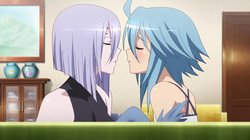 2_girls arachne closed_eyes fu-reiji harpy incipient_kiss interspecies light_blue_hair love monster_girl monster_musume_no_iru_nichijou multiple_girls papi_(monster_musume) rachnera_arachnera short_hair silver_hair spider_girl tagme