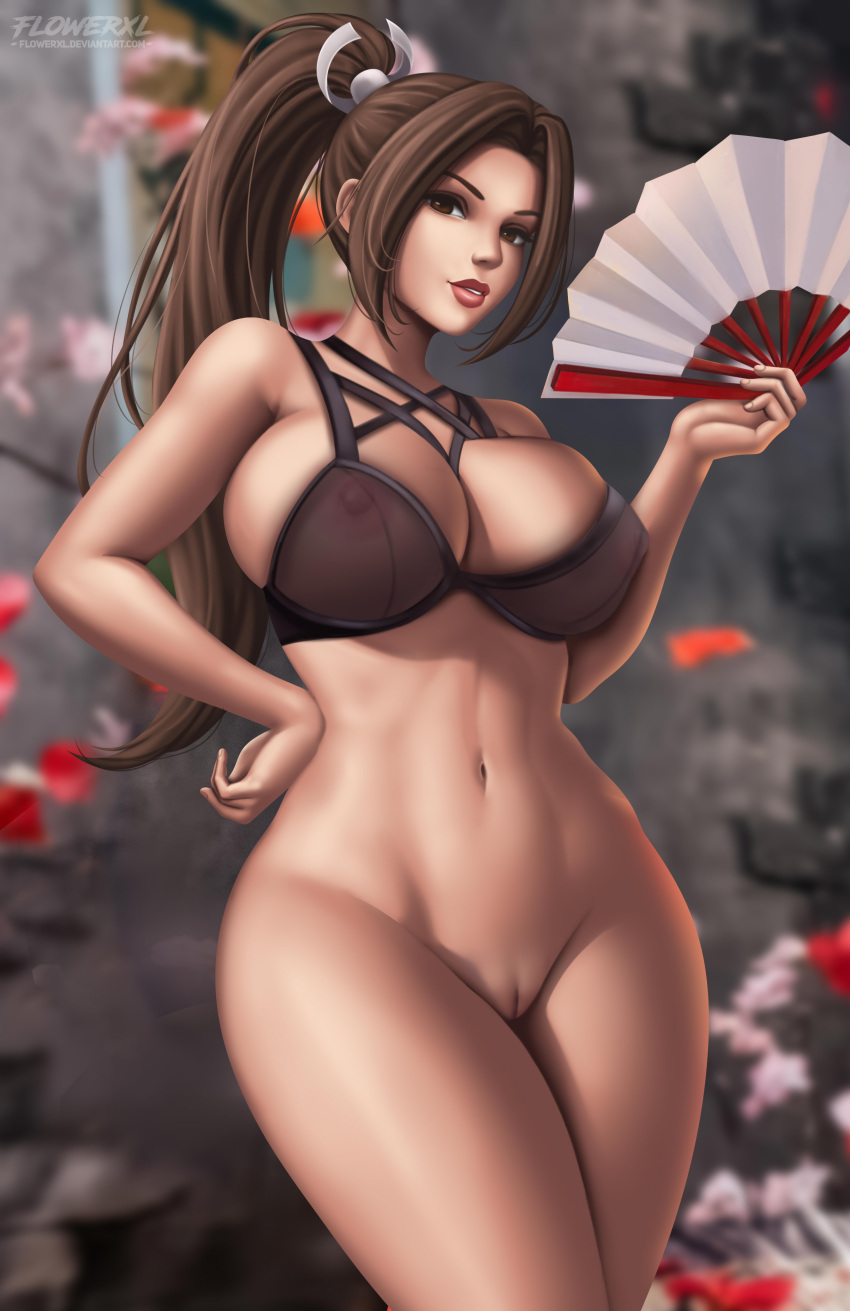 1girl 1girls big_breasts bikini black_bikini breasts brown_eyes brown_hair fan fatal_fury female_focus female_only flowerxl folding_fan front_view hand_fan human king_of_fighters kunoichi light-skinned_female light_skin long_hair mai_shiranui nipples_visible_through_bra no_panties ponytail pussy snk tagme thick_thighs video_game_character wide_hips