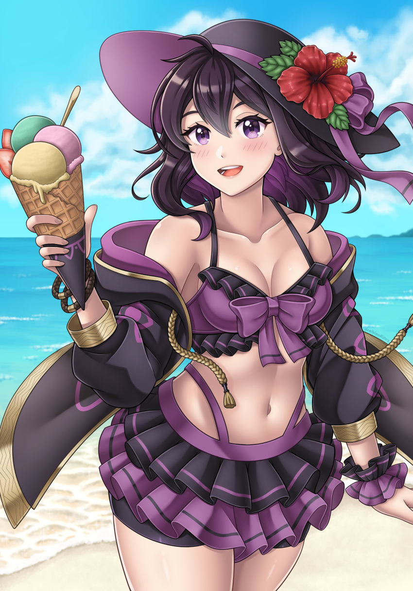 1girl :d absurd_res alluring alternate_costume alternate_hair_length alternate_hairstyle bikini bikini_shorts bikini_skirt black_bikini black_hair black_hat blush bow breasts cleavage collarbone cowboy_shot dualbloodlines fire_emblem fire_emblem_awakening fire_emblem_heroes flower food frilled_bikini frills front-tie_top hat hibiscus high_res holding holding_food ice_cream ice_cream_cone intelligent_systems looking_at_viewer medium_hair miniskirt morgan_(fire_emblem) morgan_(fire_emblem)_(female) navel nintendo off_shoulder open_mouth purple_bikini purple_bow purple_eyes shorts skirt smile sun_hat swimsuit