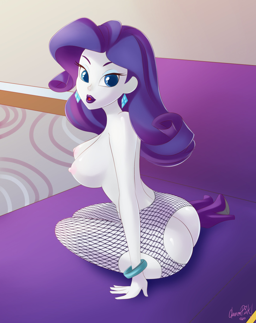 1_girl 1girl ass blue_eyes bracelet breasts earrings equestria_girls female female_only fishnet_legwear fishnets friendship_is_magic glamourpink high_heels legs long_hair long_purple_hair looking_at_viewer mostly_nude my_little_pony no_bra no_panties purple_hair purple_high_heels purple_lipstick rarity rarity_(mlp) solo topless