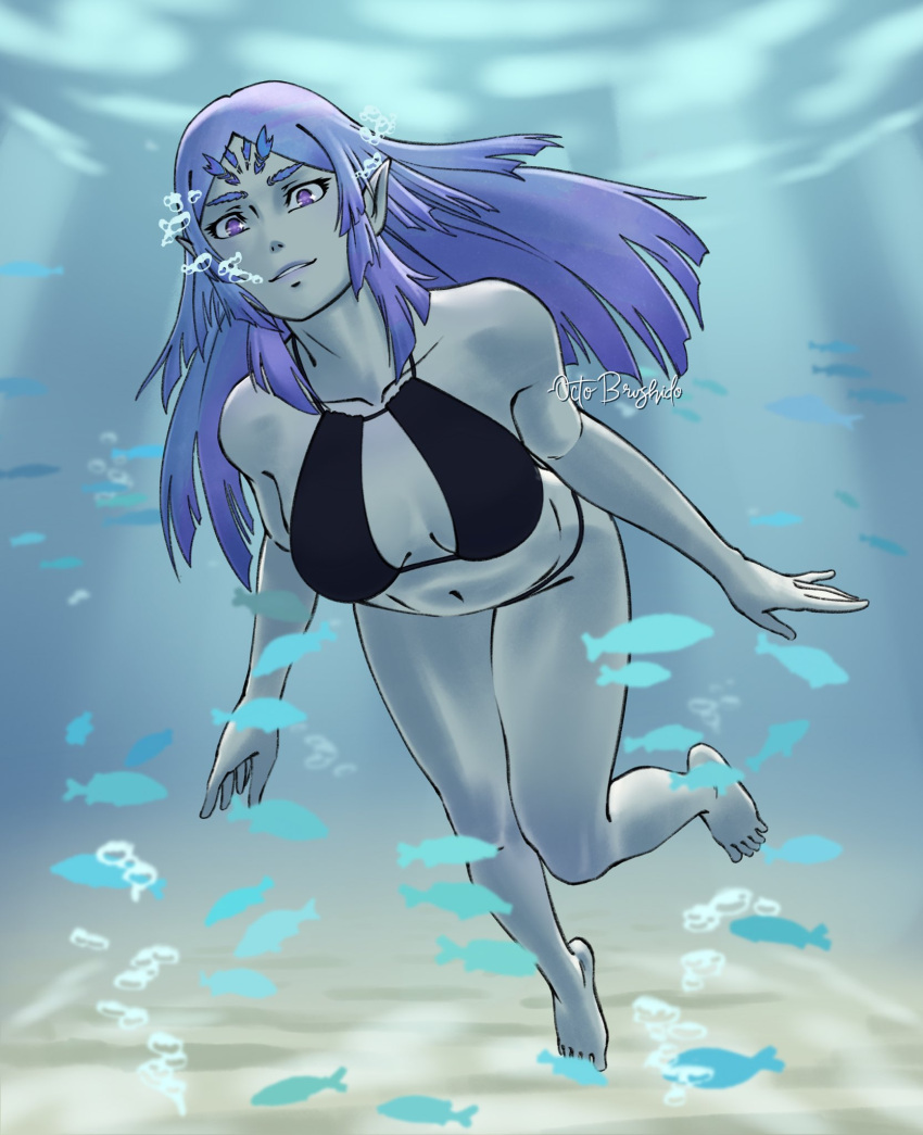1girl air_bubble alien alluring alternate_costume barefoot big_breasts bikini black_bikini blowing_bubbles blue_hair blue_skin bubble cleavage colored_skin commentary elma_(true_form)_(xenoblade_x) elma_(xenoblade_x) female fish full_body high_res long_hair looking_at_viewer navel nintendo octobrushido pointy_ears purple_eyes purple_hair smile solo spoilers submerged swimming swimsuit toes underwater water xenoblade_(series) xenoblade_chronicles_x