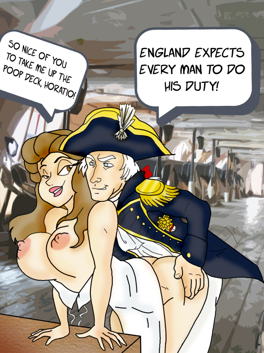 2017 ass big_breasts breasts canon_couple dialogue emma_hamilton england from_behind hetero history horatio_nelson human humor navy sex ship unknown_artist