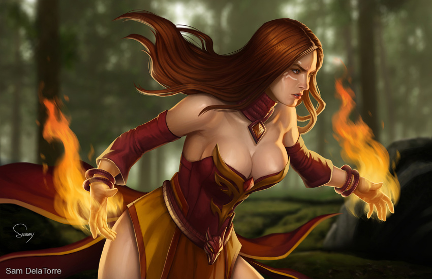 1girl angry bangs bare_shoulders big_breasts blurry blurry_background breasts brown_hair day defense_of_the_ancients dota dota_2 dress female_only female_solo fire floating_hair forest lina_the_slayer_(dota) lips lipstick long_dress long_hair looking_to_the_side magic makeup medium_breasts nature outside parted_bangs parted_lips pelvic_curtain red_dress red_lipstick revealing_clothes sam_delatorre sam_delatorre_(artist) serious straight_hair strapless strapless_dress tree