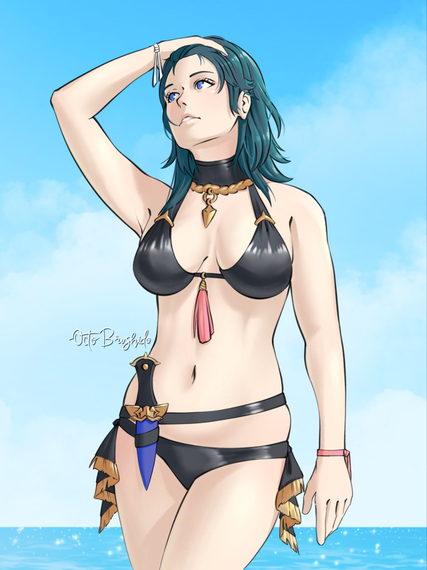 1girl 1girl alluring arm_up bikini black_bikini blue_eyes blue_sky blush breasts byleth_(fire_emblem) byleth_(fire_emblem)_(female) byleth_(summer)_(fire_emblem)_(female) cloud fire_emblem fire_emblem:_three_houses fire_emblem_heroes high_res intelligent_systems knife looking_up medium_breasts navel nintendo ocean octobrushido official_alternate_costume outside parted_lips sheath sheathed sky stomach swimsuit teal_hair thighs water weapon wet wet_hair