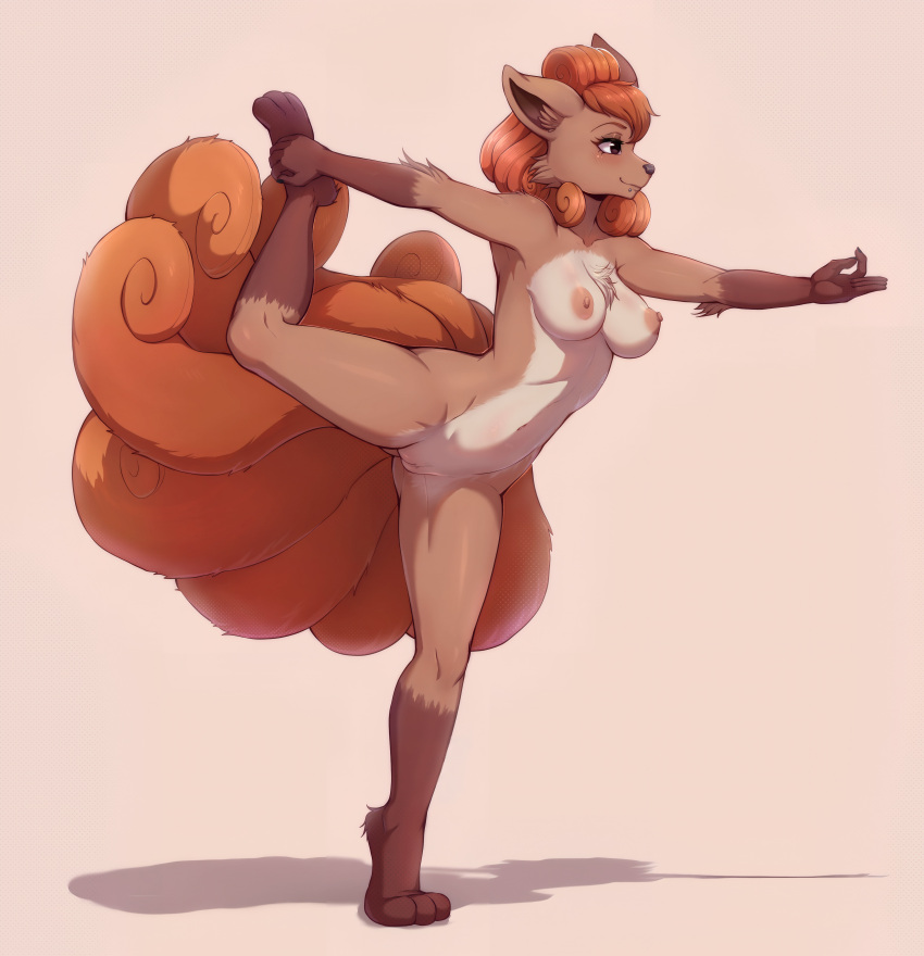 1girl big_ass big_breasts brown_skin cute evomanaphy exercise fluffy_tail nine_tails posing red_hair red_tail seductive vulpix