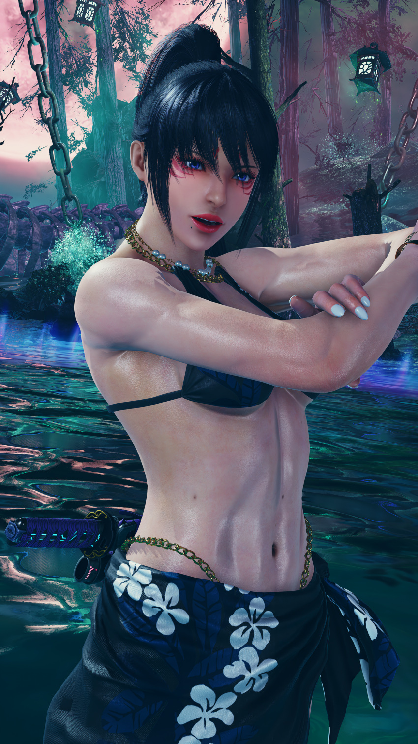 1girl alluring athletic_female bikini black_hair descent_into_subconciousness_(stage) envy15re2lm female_abs fit_female kitsune_marks kunimitsu_ii kunoichi lavender_eyes medium_breasts namco pareo tekken tekken_8