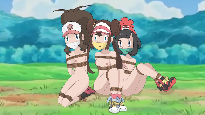 3girls black_hair blue_eyes bondage breasts brown_hair creatures_(company) female female_only female_protagonist_(pokemon_bw2) female_teen gag gagged game_freak grass hair hairless_pussy hilda_(pokemon) human human_only humans_of_pokemon jean_shorts kneeling light-skinned_female long_hair mei_(pokemon) moon_(pokemon) moon_(trainer) mostly_nude multiple_girls nintendo nipples nude outdoors outside pokemon pokemon_(anime) pokemon_(game) pokemon_black_2_&_white_2 pokemon_black_and_white pokemon_bw pokemon_bw2 pokemon_sm pussy ropes rosa_(pokemon) sitting small_breasts teen tied touko_(pokemon) trio white_(pokemon) young zxfreakkxz