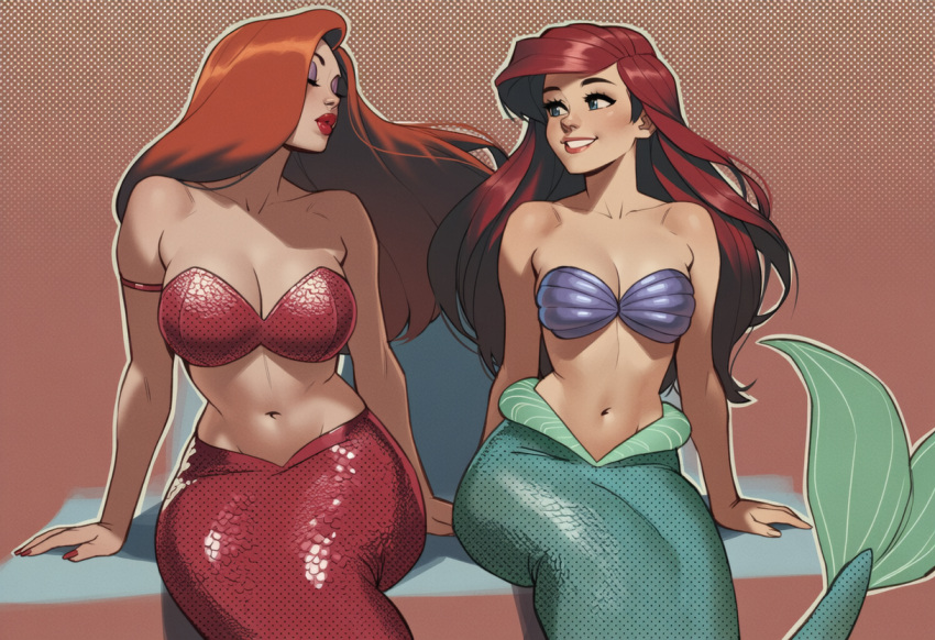 2_girls alternate_costume arm_at_side arm_behind_back arm_support bare_arms bare_shoulders big_breasts bikini blue_eyes breasts cleavage closed_eyes collarbone company_connection couple crossover disney disney_princess duo eyeshadow female/female female_only grin hair_over_one_eye happy head_tilt jessica_rabbit lips lipstick long_hair looking_at_another love makeup medium_breasts mermaid mermaid_tail midriff multiple_girls mutual_yuri nail_polish navel neck orange_hair parted_lips phophopho pink_lipstick princess princess_ariel purple_bikini purple_eyeshadow purple_swimsuit red_bikini red_hair red_lipstick red_nails red_swimsuit romantic romantic_couple shadow shell shell_bikini side-by-side sitting smile straight_hair strapless strapless_bikini strapless_swimsuit swimsuit the_little_mermaid the_little_mermaid_(1989_film) thick_eyebrows thick_lips who_framed_roger_rabbit yuri