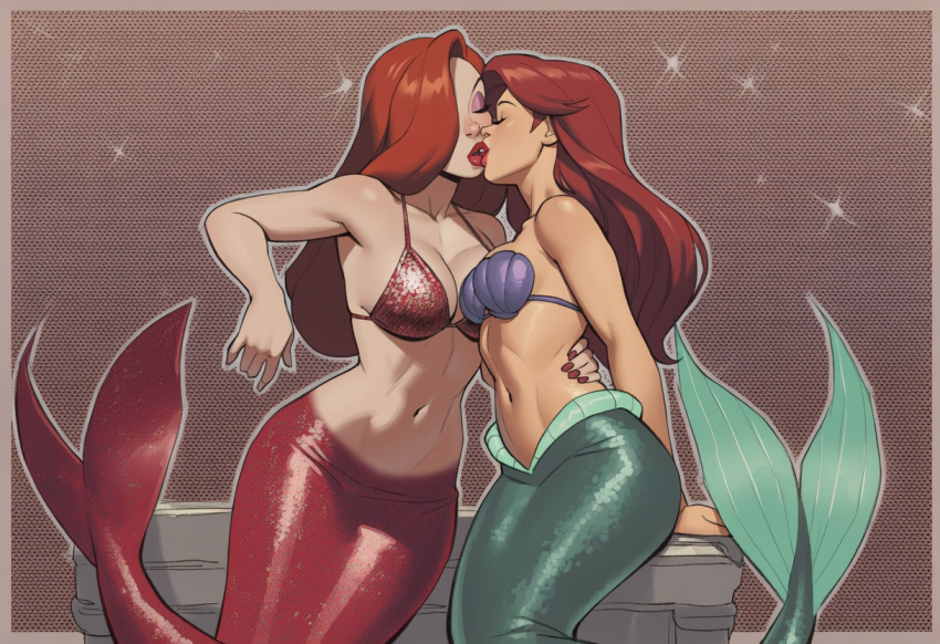 2_girls alternate_costume arm_behind_back arm_support bare_arms bare_shoulders big_breasts bikini breasts cleavage closed_eyes collarbone company_connection couple crossover disney disney_princess duo eyeshadow female/female female_only french_kiss hair_over_one_eye head_tilt hugging jessica_rabbit kissing lips lipstick long_hair love makeup medium_breasts mermaid mermaid_tail midriff multiple_girls mutual_yuri nail_polish navel neck orange_hair phophopho princess princess_ariel purple_bikini purple_eyeshadow purple_swimsuit red_bikini red_hair red_lipstick red_nails red_swimsuit romantic romantic_couple shell shell_bikini side-by-side sitting sparkle sparkle_background straight_hair strapless strapless_bikini strapless_swimsuit swimsuit the_little_mermaid the_little_mermaid_(1989_film) thick_lips who_framed_roger_rabbit yuri