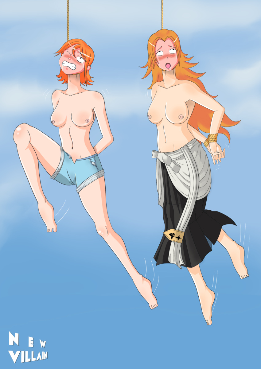 anime beauty_mark big_breasts bleach blue_eyes choking cleavage crossover death hanging huge_breasts japanese_clothes long_hair matsumoto_rangiku mole mole_under_mouth nami nami_(one_piece) new_villian noose one_piece orange_eyes orange_hair rangiku_matsumoto rope shinigami straw_hat_pirates tattoo tattooed_arm