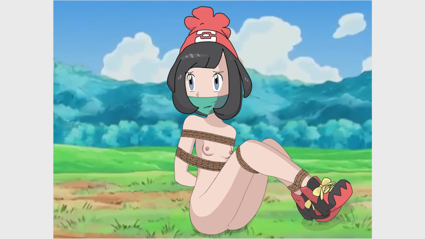 black_hair bondage breasts female female_only female_teen gag grass hair hairless_pussy human moon_(pokemon) moon_(trainer) nipples nude outside pokemon pokemon_sm pussy ropes small_breasts teen tied young zxfreakkxz