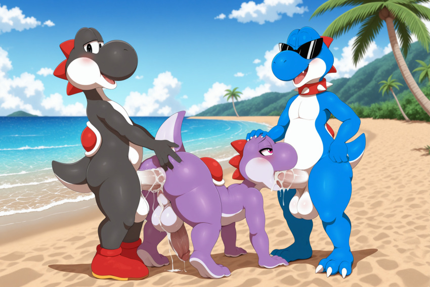 3_toes 4_fingers absurd_res ai_generated all_fours anal anal_penetration anthro anthro_on_anthro anthro_penetrated anthro_penetrating anthro_penetrating_anthro ass balls beach belly big_balls big_nose big_penis biped black_body black_eyes blue_body blush blush_lines bodily_fluids boots boshi claws closed_eyes clothing collar cum cum_in_ass cum_in_mouth cum_inside cum_on_balls cum_on_body cum_on_butt cum_on_face cum_on_ground cum_on_penis day dinosaur eyebrows eyewear fangs feet fellatio fingers footwear genital_fluids genitals group half-closed_eyes hand_on_leg hand_on_partner's_butt hand_on_partner's_head hand_on_thigh high_res huge_balls huge_penis looking_at_viewer male male/male male_penetrated male_penetrating male_penetrating_male mario_bros narrowed_eyes nintendo oral outside_sex palm_tree paws penetration penile penile_penetration penis penis_in_ass penis_in_mouth pink_eyes plant purple_body red_boots red_clothing red_footwear reptile scalie sea seaside sex smile smiling_at_viewer spiked_collar spikes spikes_(anatomy) standing sunglasses super_mario_rpg tail teeth toe_claws toes tree trio water white_belly yiff_ai_(director) yoshi