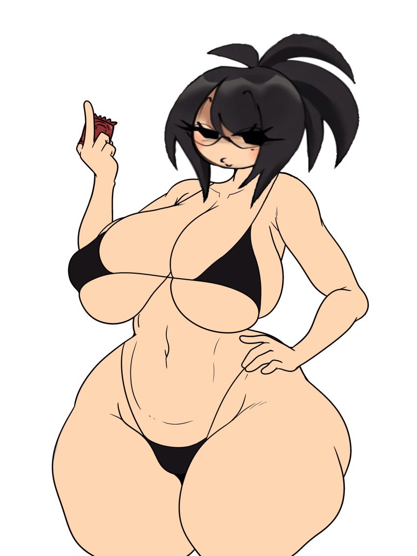 1girl bikini black_hair condom condom_wrapper edit edited edited_art friday_night_funkin glasses hand_on_hip looking_at_viewer ponytail twitter_user_oc twitter_user_sona wyatt_(deevvvious)