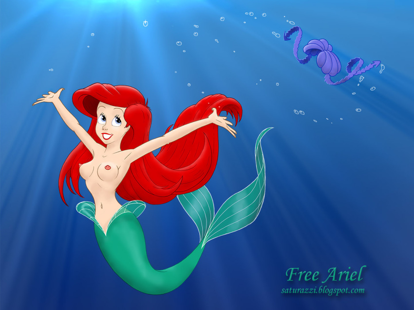 ariel ariel_(the_little_mermaid) armpits blue_eyes collarbone erect_nipples fish_tail lipstick long_hair looking_up medium_breasts mermaid mermaid_tail navel pink_nipples red_hair red_lipstick sea smile the_little_mermaid the_little_mermaid_(1989_film) topless underwater